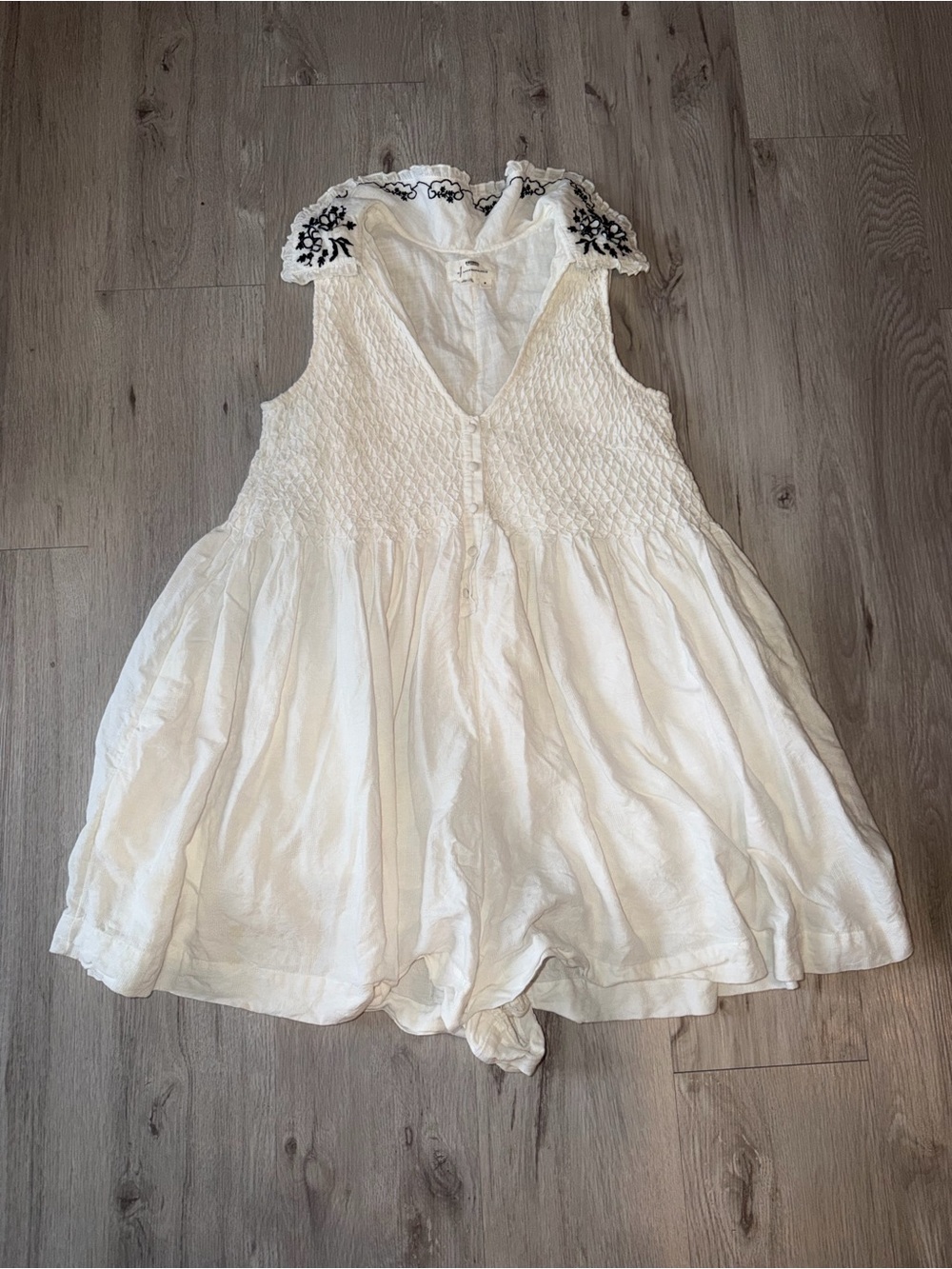 Anthropologie White Smocked Romper Dress with Embroidered Collar